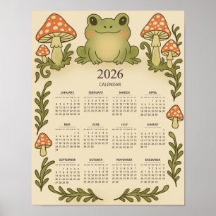 Poster Calendário Cottagecore 2026 do Sapo e Cogumelos Ve
