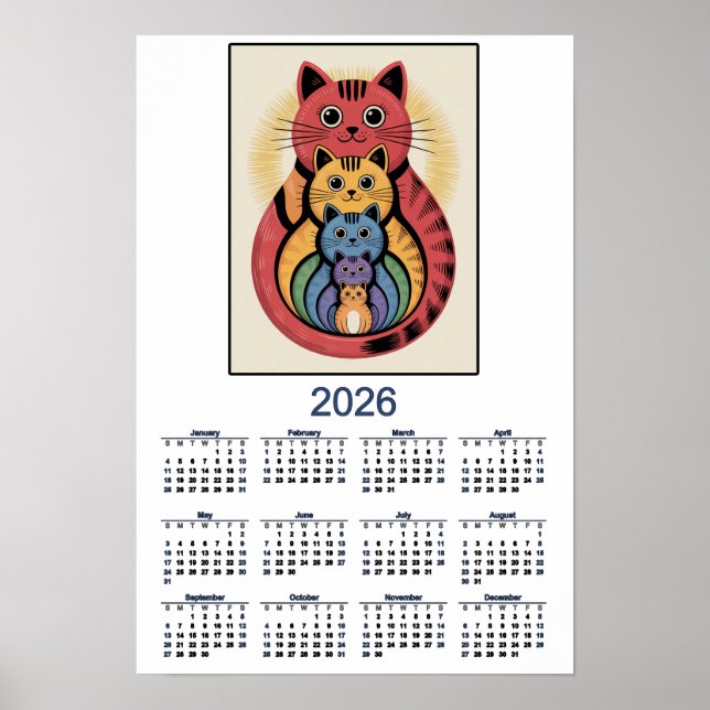 Poster Calendário da Família de Gatos Fofos para 2026 (Frente)