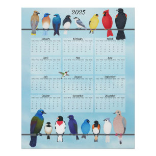 Pôster calendário das paredes das aves do quintal 2025