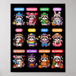 Poster Calendário de 12 Meses de Guaxinim Fofo St.patrick