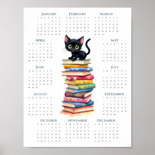 Poster Calendário de 1 Página de 2026 Gato Preto em Livro