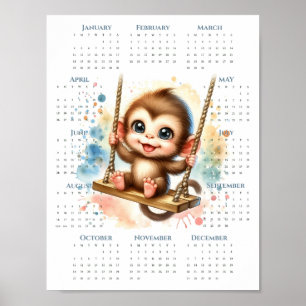 Poster Calendário de 1 Página de 2026 Macaco Fofo no Bala