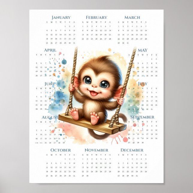 Poster Calendário de 1 página de 2026 Macaco Fofo no Bala (Frente)