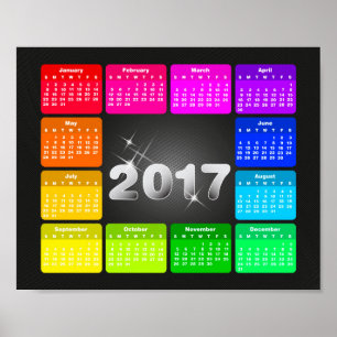 Poster Calendário de 2017 em cores vibrantes de arco-íris