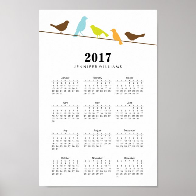 Pôster Calendário de 2017 para Aves Coloridas (Frente)
