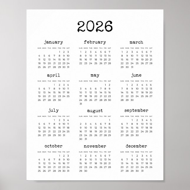 Poster Calendário de 2022 com fonte minimalista de máquin (Frente)