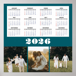 Poster Calendário de 2026 com Fundo Azul-Verde