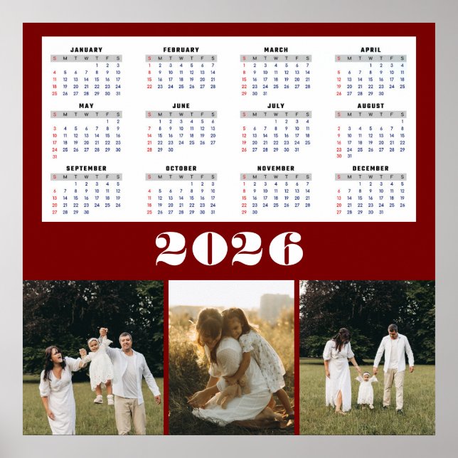 Poster Calendário de 2026 com Fundo Borgonha (Frente)