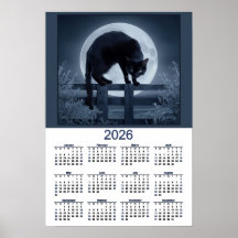 Calendário de 2026 Gato Preto em uma Cerca com Lua