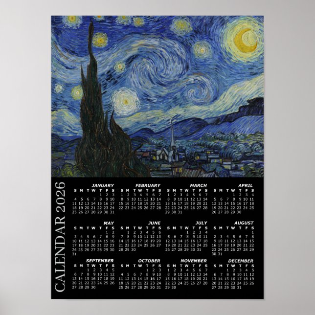 Poster Calendário de 2026, Noite Estrelada / Van Gogh, Gr (Frente)