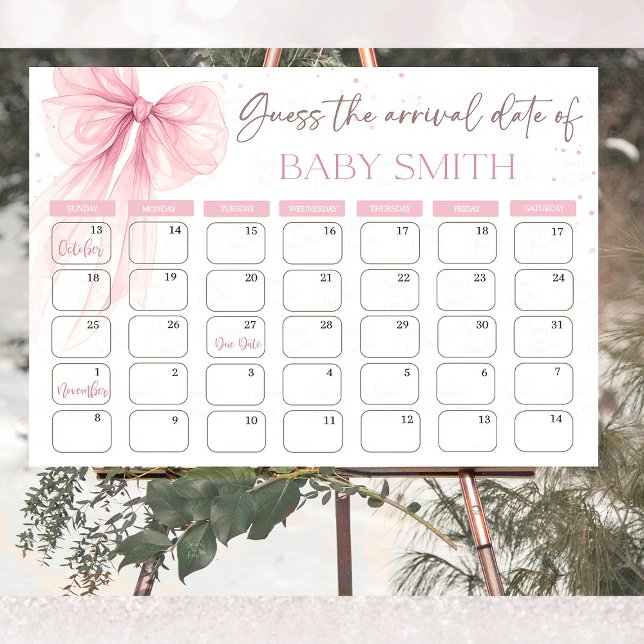Poster Calendário de Adivinhe a Data de Nascimento Bow Pi (Chic Bow Pink Coquette baby shower "Guess the Due Date" calendar, featuring delicate pink bows and e)