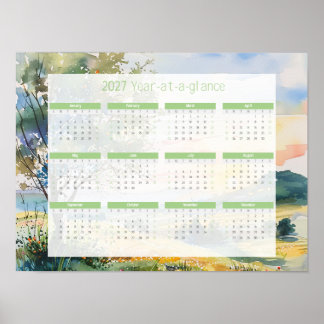Poster Calendário de Aguarela de 2027 em uma Página
