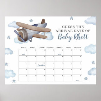 Poster Calendário de Chuva de Bebê de Avião Azul Adivinhe