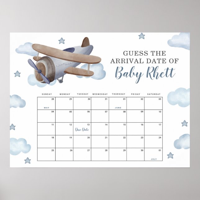 Poster Calendário de Chuva de Bebê de Avião Azul Adivinhe (Frente)