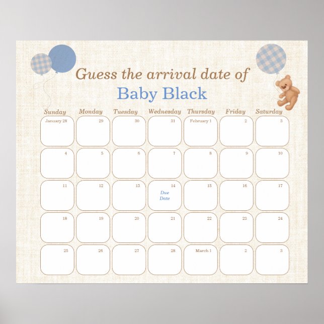 Poster Calendário de Chuvinha de Bebê Urso Azul para Adiv (Frente)