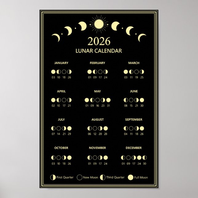 Poster Calendário de Fase Lunar de 2026 Ciclos Lunares Mi (Frente)