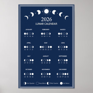 Poster Calendário de Fase Lunar de 2026 Ciclos Lunares Mi