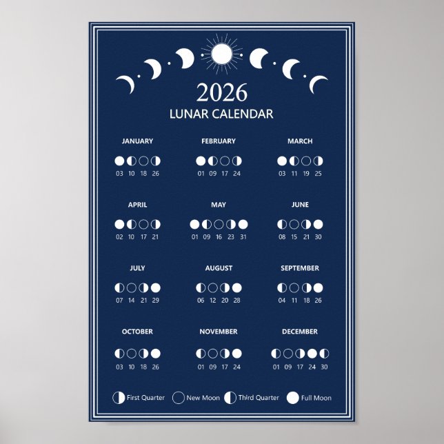Poster Calendário de Fase Lunar de 2026 Ciclos Lunares Mi (Frente)