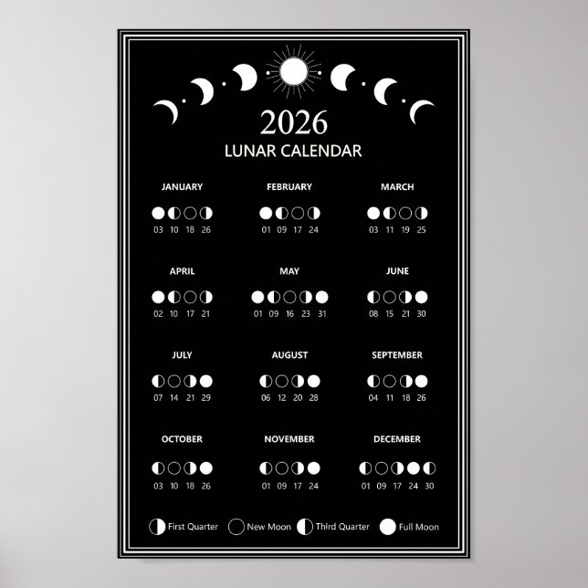 Poster Calendário de Fase Lunar de 2026 Ciclos Lunares Mi (Frente)