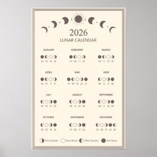Poster Calendário de Fase Lunar de 2026 Ciclos Lunares Mi