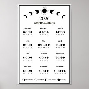 Poster Calendário de Fase Lunar de 2026 Ciclos Lunares Mi