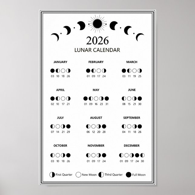 Poster Calendário de Fase Lunar de 2026 Ciclos Lunares Mi (Frente)