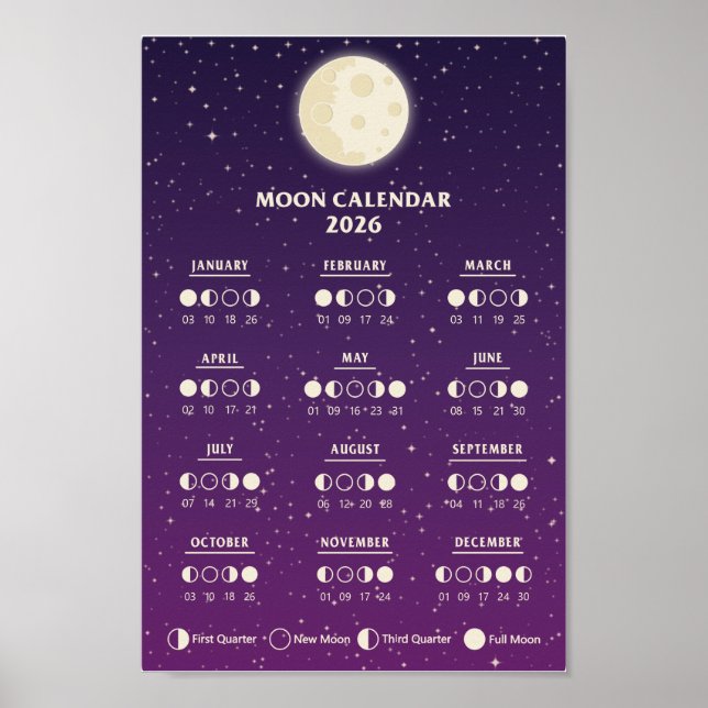 Poster Calendário de Fase Lunar do Espaço de 2026 Ciclos  (Frente)