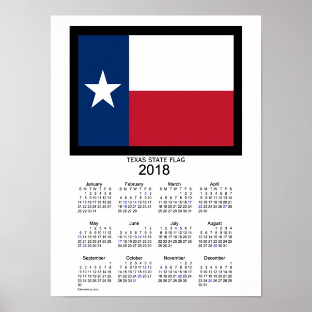 Pôster Calendário de Férias de Bandeira do Estado do Texa (Frente)