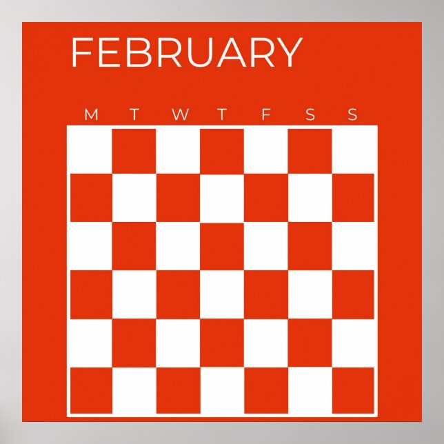 Poster Calendário de fevereiro Checkered Branco Vermelho  (Frente)