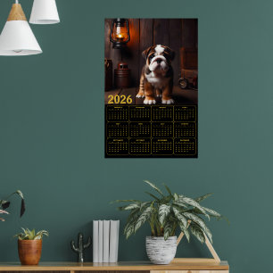 Poster Calendário de Filhote de Bulldog 2026 com Lanterna