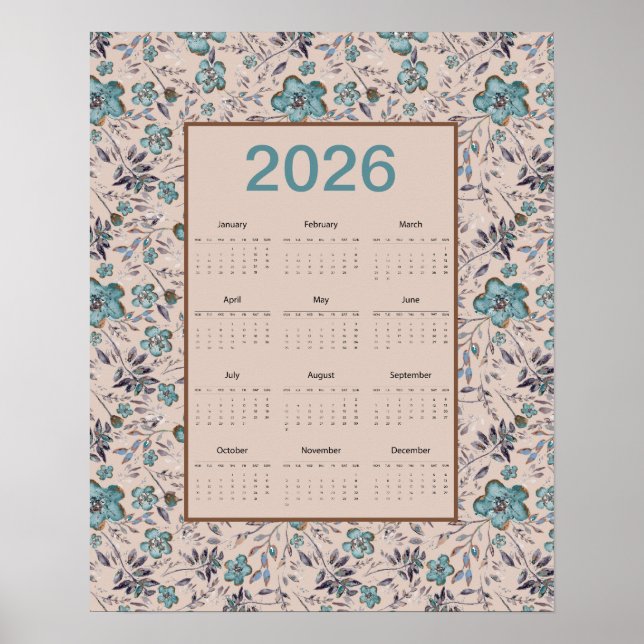 Poster Calendário de Flores Azuis 2026 (Frente)