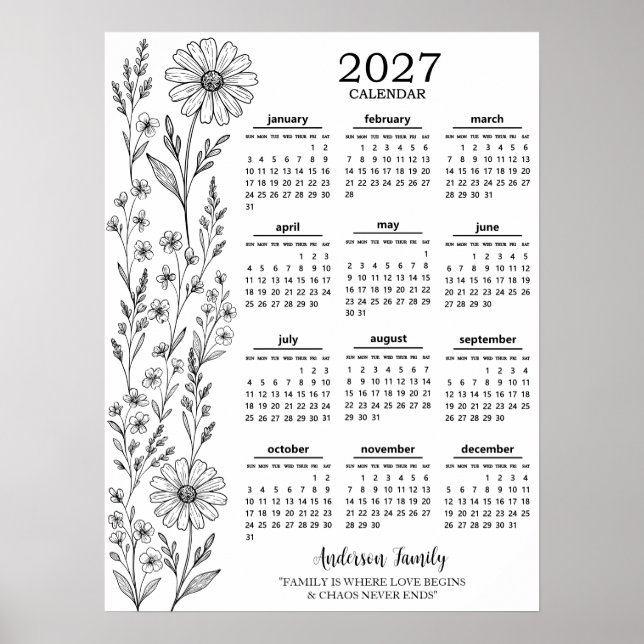 Poster Calendário de Flores Silvestres Personalizado com  (Frente)