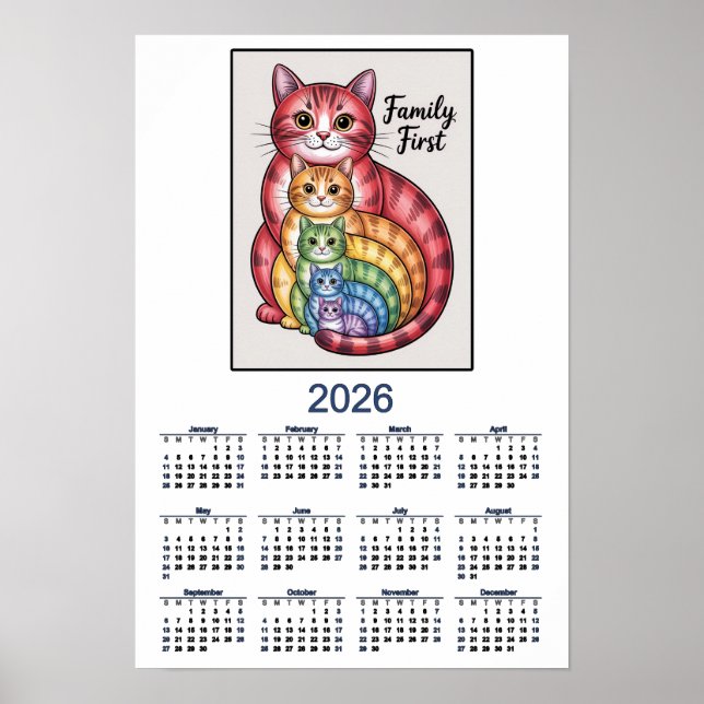 Poster Calendário de Gatos 2026 Família em Primeiro Lugar (Frente)