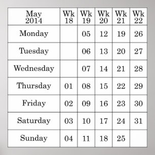 Poster Calendário de Maio de 2014 com semanas numeradas