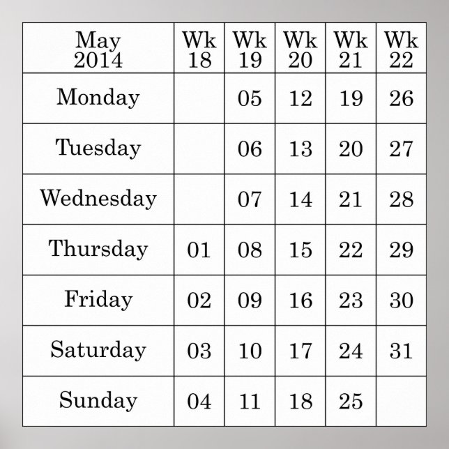 Poster Calendário de Maio de 2014 semanas numeradas (Frente)