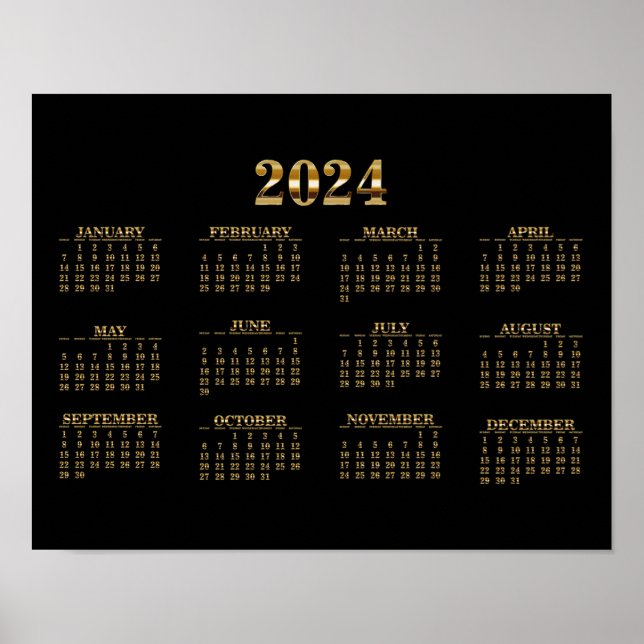 Poster Calendário de Parede 2024 Preto/Dourado (Frente)