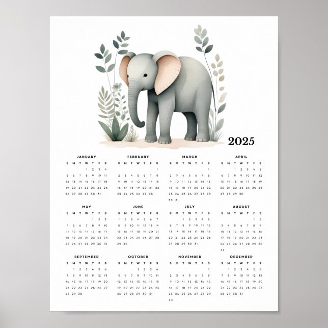 Poster Calendário de Parede 2025 Minimalista do Elefante  (Frente)