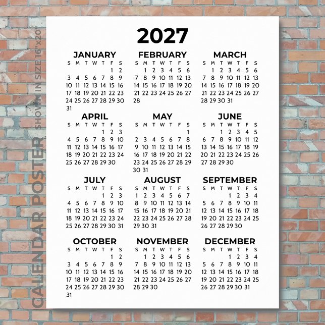Poster Calendário de Parede 2027 Simples Básico Preto e B (Criador carregado)