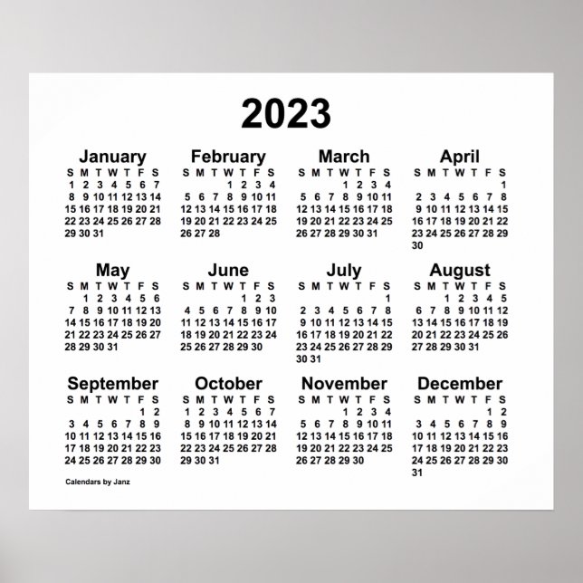 Poster Calendário de Parede Branco 2023 por Janz (Frente)