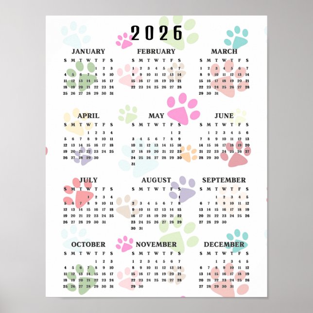 Poster Calendário de Parede Colorido Patas 2026 (Frente)