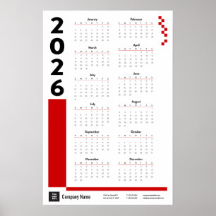 Poster Calendário de Parede Corporativo Vermelho 2026 em