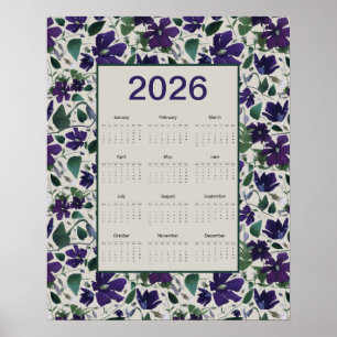Poster Calendário de Parede de Flores de Clematite Roxa 2