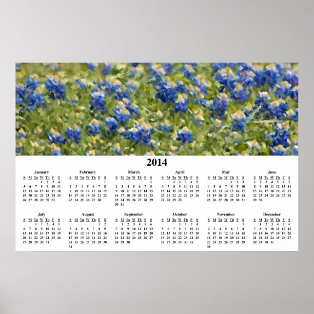 Pôster Calendário de Parede do Bluebonnets 2014 Pintado (Frente)