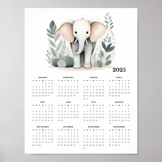 Poster Calendário de Parede do Elefante Boho 2025 Minimal (Frente)