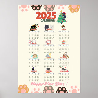 Poster Calendário de parede Feliz Ano do Gato 2025 para a