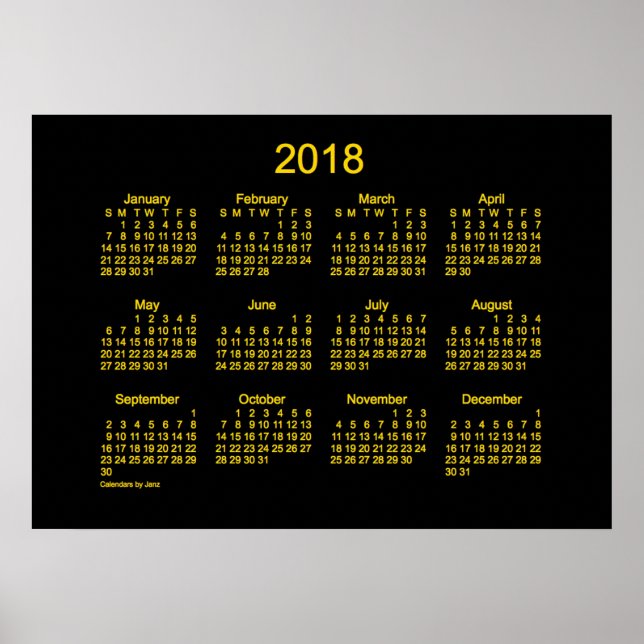 Pôster Calendário de Parede Neon Gold 2018 por Janz (Frente)