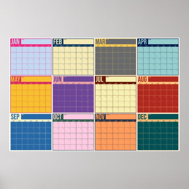 Poster Calendário de Parede Retro em Negrito Sem Data Ano (Frente)