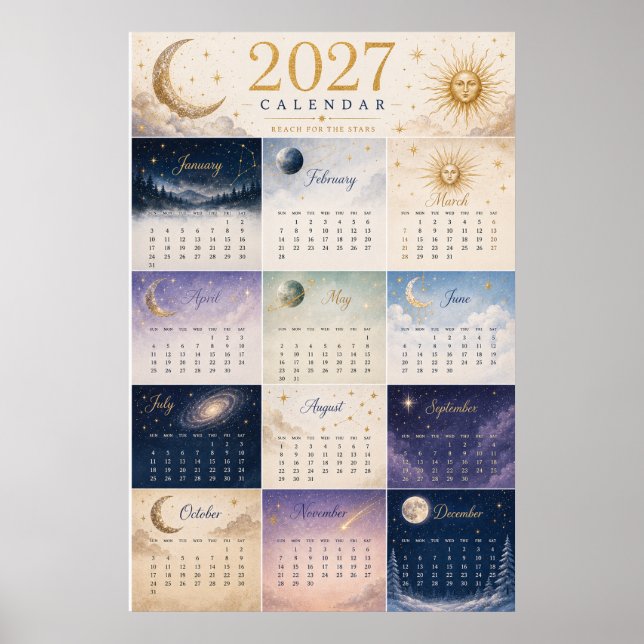 Poster Calendário de Parede Sol & Lua Celestial 2027 (Frente)