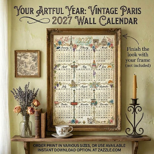 Poster Calendário de parede tema Paris Vintage aquarela 2