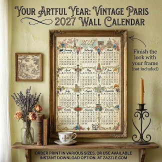 Poster Calendário de parede tema Paris Vintage aquarela 2